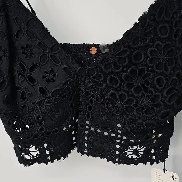 Free People Noir Black Eyelet 2-Piece Party Outfit Mini Skirt & Bralette Top Y2K - Picture 4 of 15
